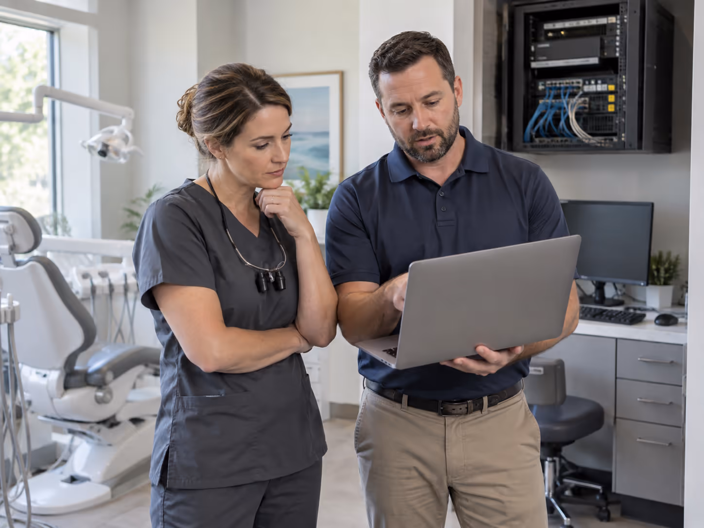 A dental practice owner and an IT specialist review the practice technology environment together.